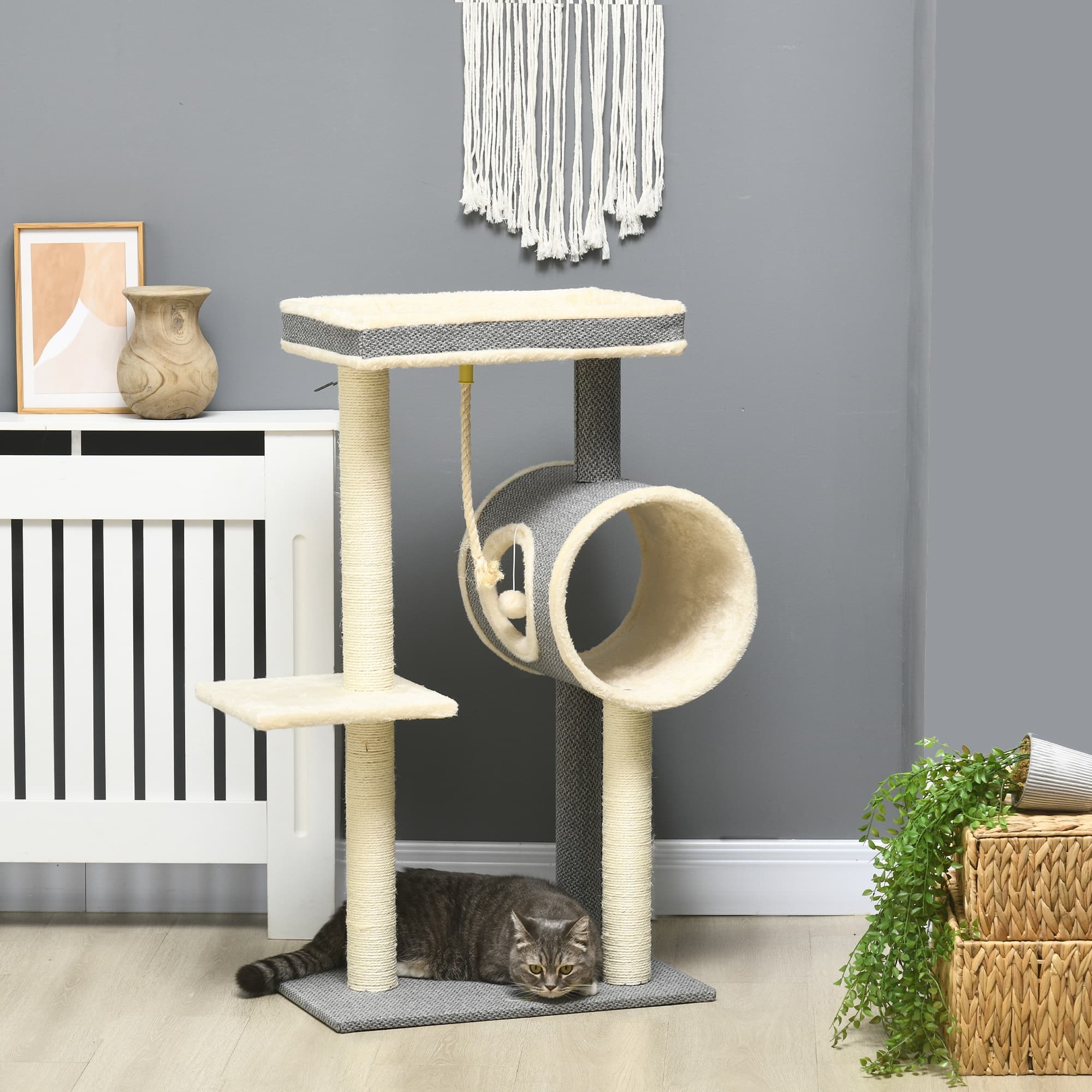 Kradsetræ 104 cm med Kattehule, Kradsetræ med Legebold, Kradsetræ med 2 Hvileområder, Klatretræ til Katte op til 5 kg, Kattemøbler, Sisal, Grå