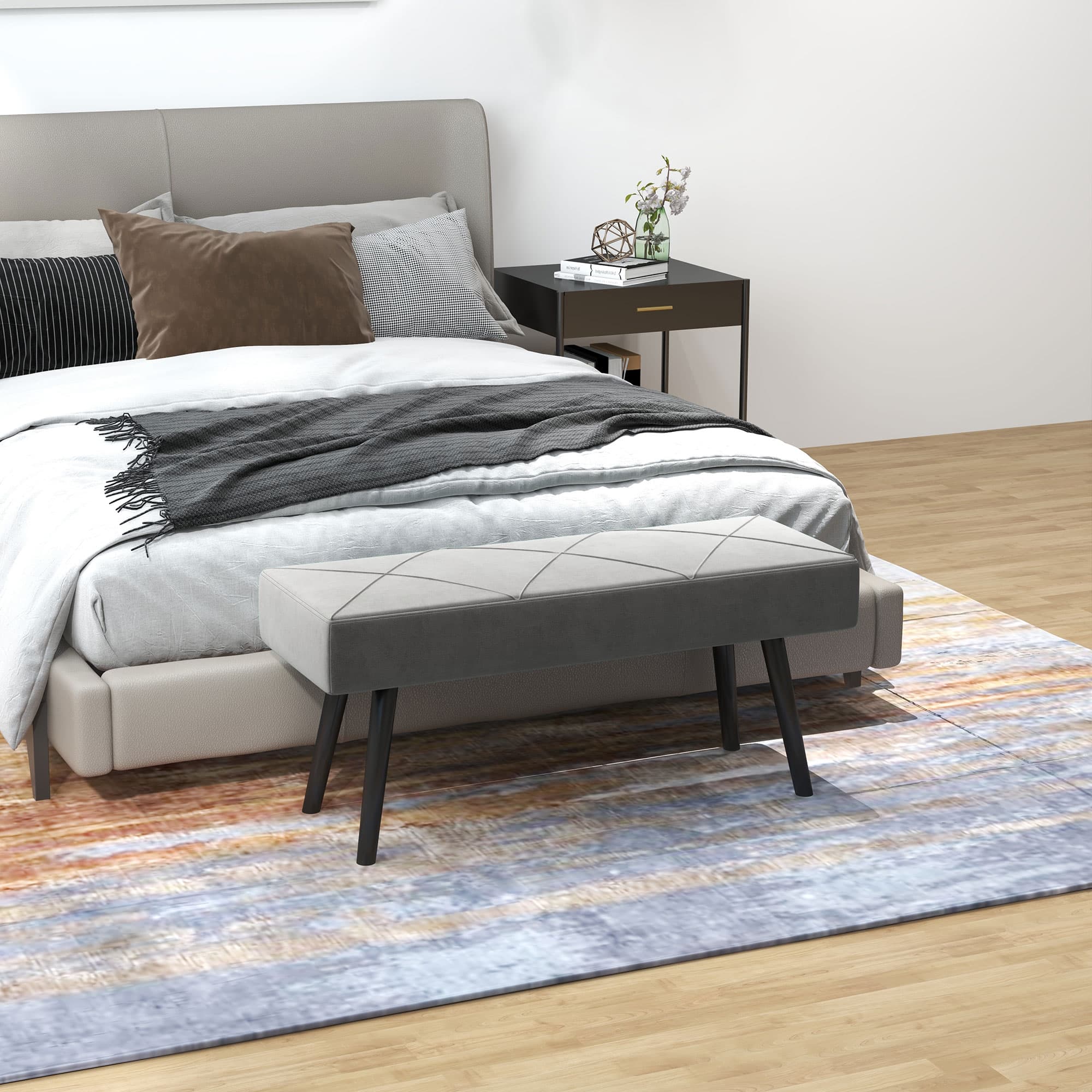 Polstret bænk fløjlslook siddebænk sengebænk entrébænk X-mønster op til 120 kg grå 100x36x45 cm til soveværelse