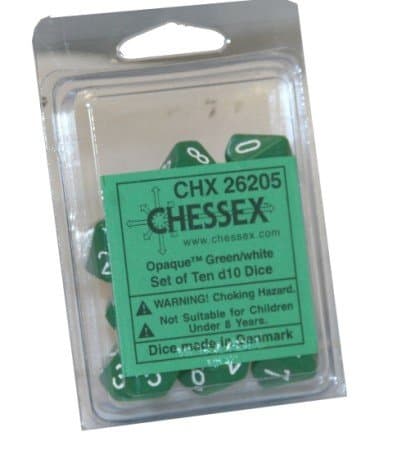 Dice - TerningesÃ¦t - 10 terninger - Opaque D10 (10 Sidet) - Green With White