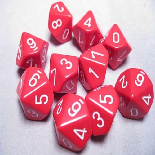 Dice - TerningesÃ¦t - 10 terninger - Opaque D10 (10 Sidet) - Red With White