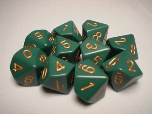 Dice - TerningesÃ¦t - 10 terninger - Opaque D10 (10 sidet) - Dusty Green with Gold